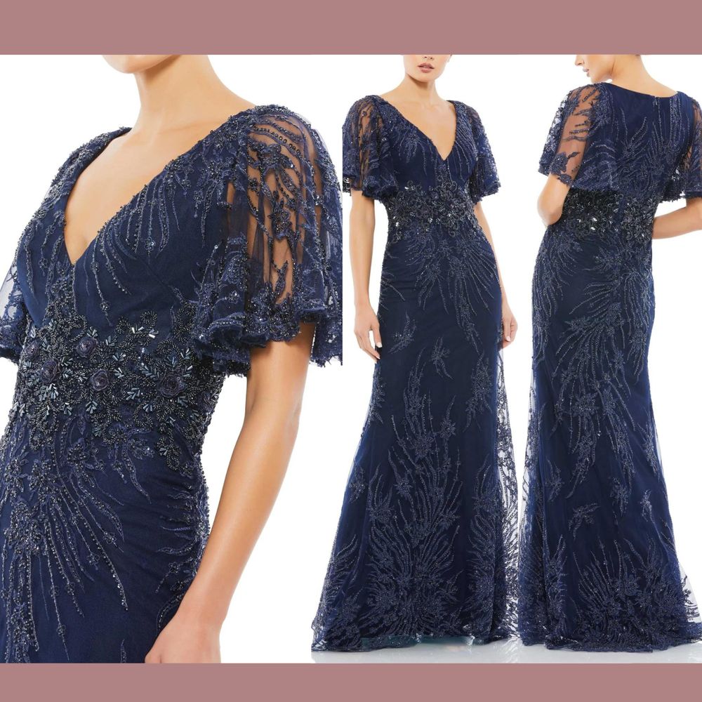 Nwt $798 Mac Duggal [ 12 ] 67493 Vintage Flutter Sleeve Gown Midnight Blue